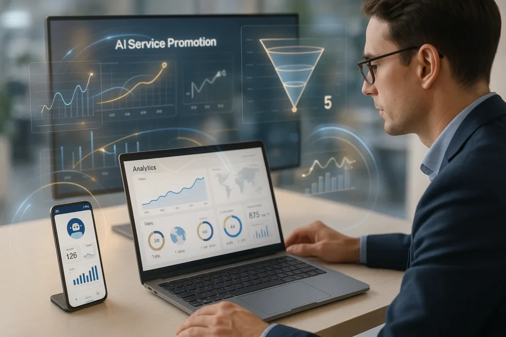 AI service promotion analytics dashboard reviewed by an analyst tracking traffic and user growth.