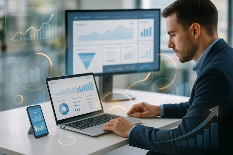 Business analytics specialist reviewing performance charts and digital dashboards on multiple devices.