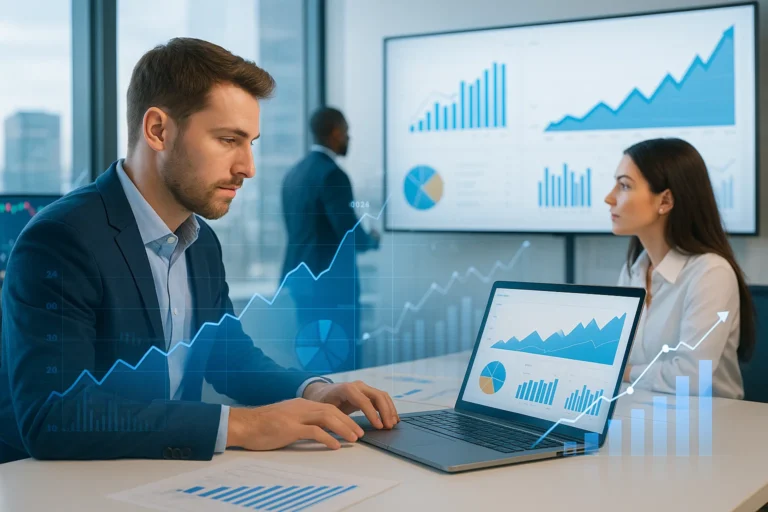 Forex analytics team reviewing performance data and market growth trends on digital dashboards.