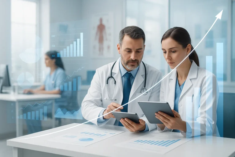 Medical team analyzing growth data with doctors reviewing charts and performance metrics.